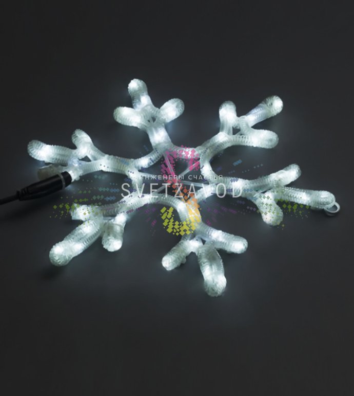 Детальное фото светодиодной снежинки 40 см (арт. SZV-517) с металлическим каркасом, шнуром питания и холодным белым свечением. Детальное фото светодиодной снежинки 40 см (арт. SZV-517) с металлическим каркасом, шнуром питания и холодным белым свечением.
