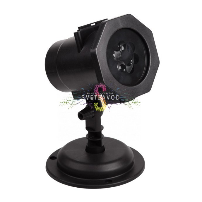 Детальное фото светодиодного проектора Neon-Night: черный корпус из АБС-пластика, разъемы, блок питания и набор из 12 слайдов с различными тематическими проекциями.