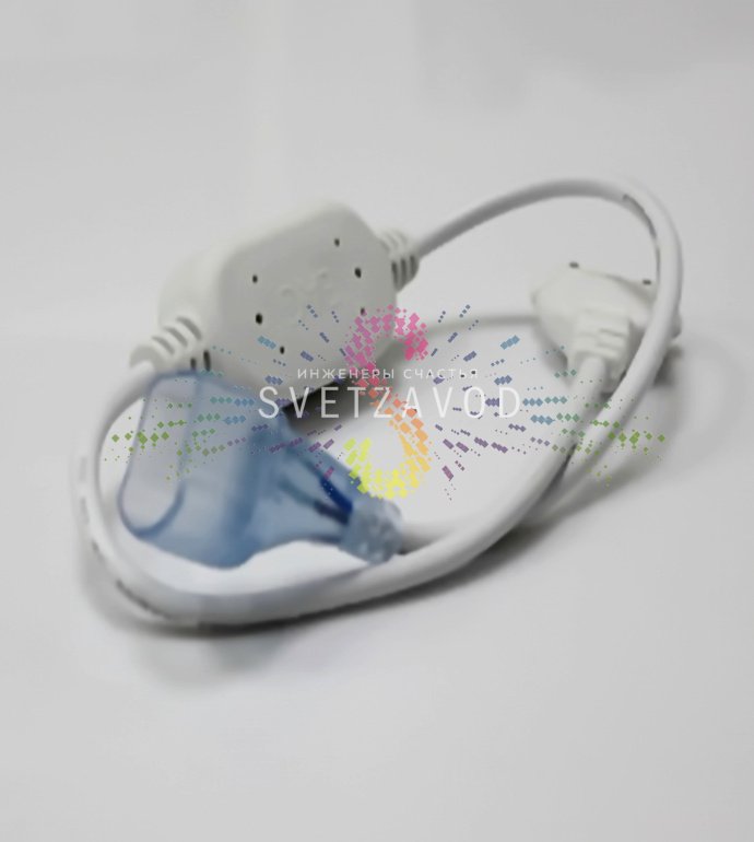 Детальное фото силового шнура для гибкого неона: вилка 220В, кабель, разъем для подключения к неону 12х25мм, выпрямитель.