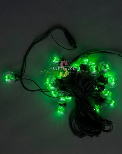 Гирлянда с лампами, зеленая, 10 метров, 20 ламп, черный провод 
