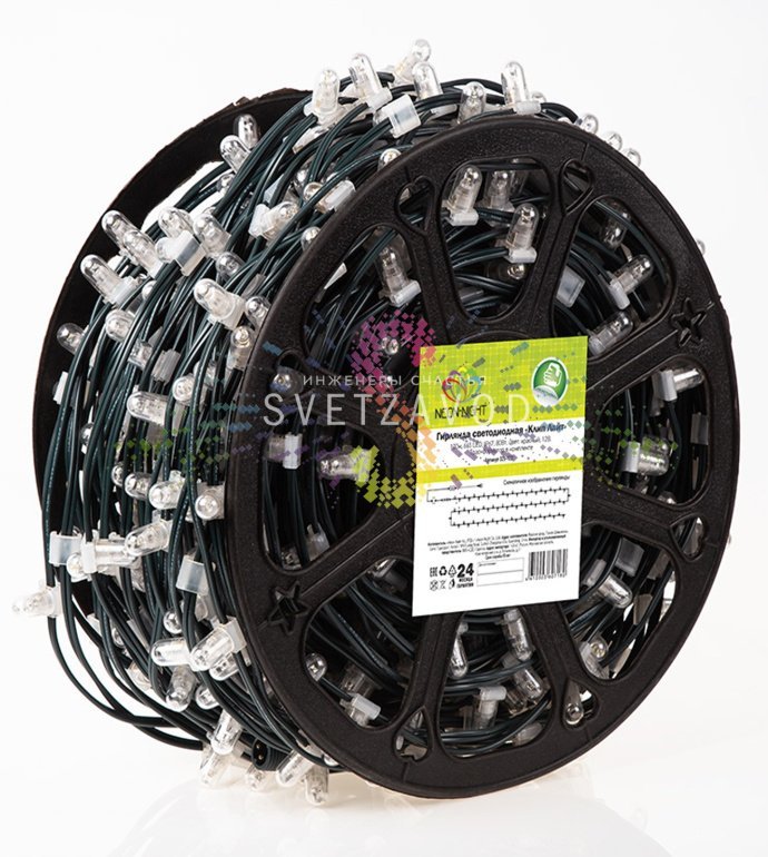 Детальное фото гирлянды Клип Лайт 12В: темно-зеленый ПВХ-кабель, светодиоды в защитных колпачках, расстояние между диодами 15 см.