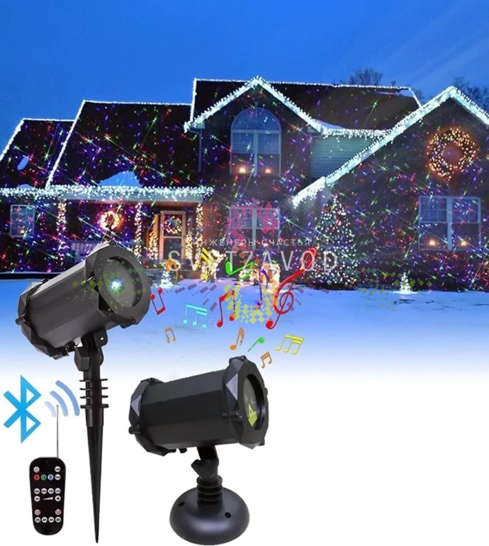 Лазерная подсветка Garden X-33 Premium на грунтовом основании, проекция лазеров на фасад здания, комплектация: пульт ДУ, блок питания, Bluetooth-колонка