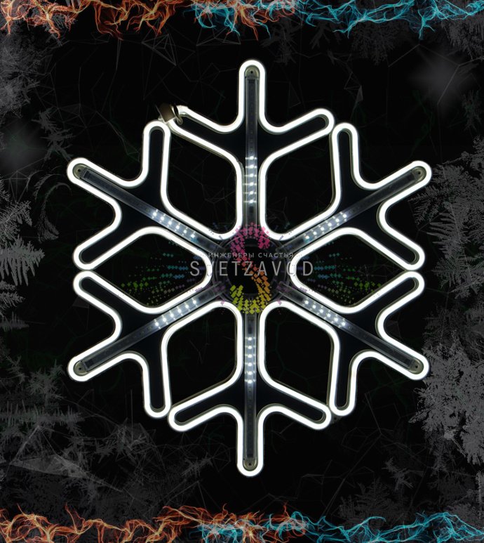 Крупный план светодиодной снежинки из неона на пластиковом каркасе, демонстрирующий эффект тающих сосулек и степень защиты IP65 для уличного использования.