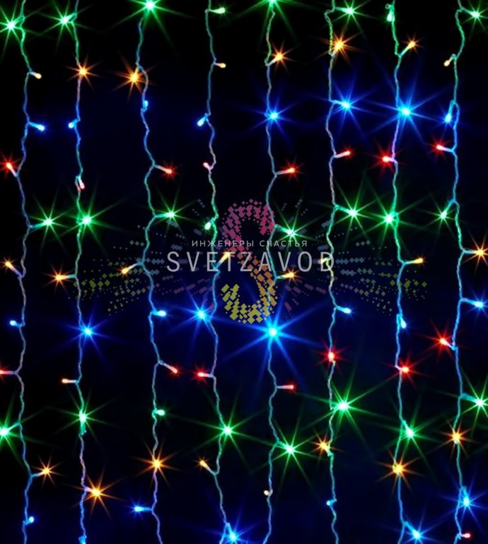 Детальное фото светодиодного дождя Rich Led: горизонтальный шлейф 2 метра с 20 вертикальными нитями по 9 метров, белый ПВХ провод, светодиоды с защитными колпачками.
