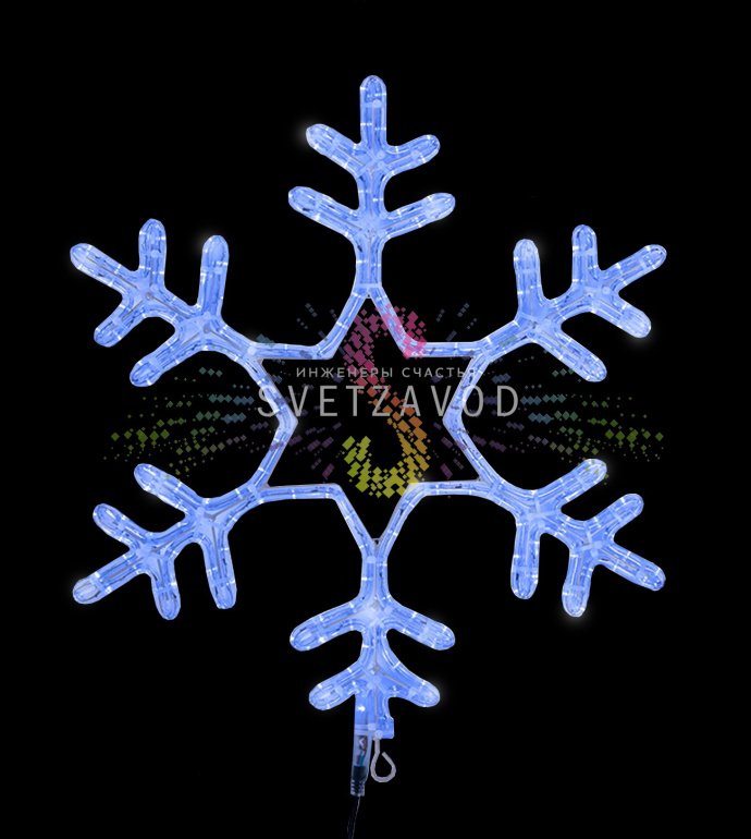Детальное фото светодиодной снежинки Neon-Night: синее свечение, металлический каркас с порошковой покраской, вилка питания, ушко для монтажа.