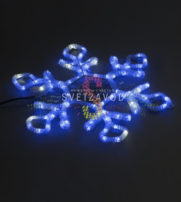 Детальное фото синей светодиодной снежинки с мерцающим эффектом. Видны 120 светодиодов, металлический каркас и всепогодное исполнение IP65 для уличного использования.