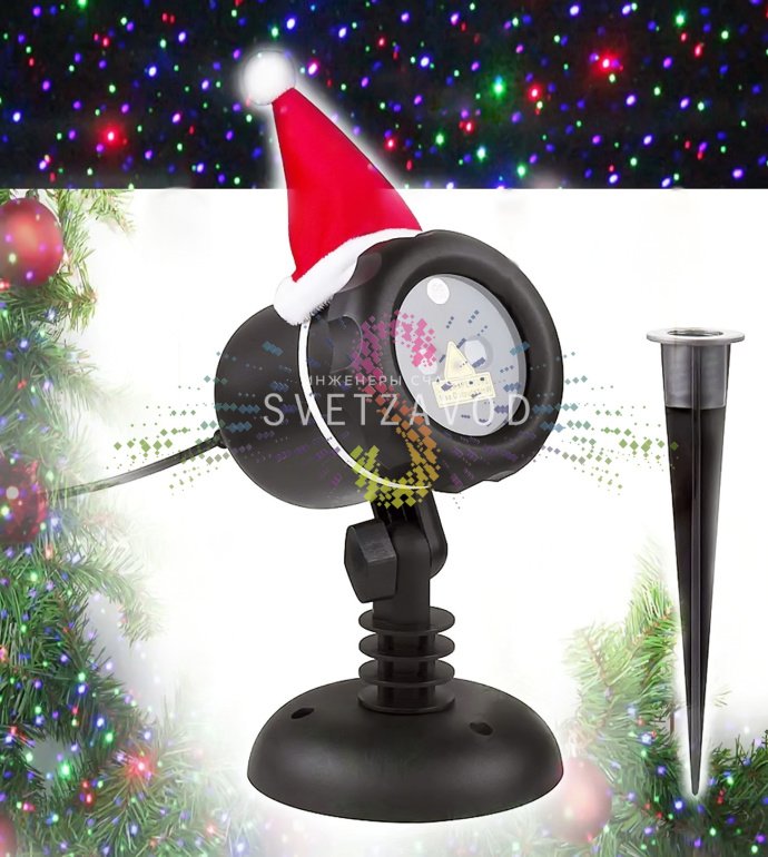 Детальное фото лазерной подсветки Garden X-33P: черный корпус из АБС-пластика, три лазерных модуля, основание для грунта, пульт ДУ и блок питания.