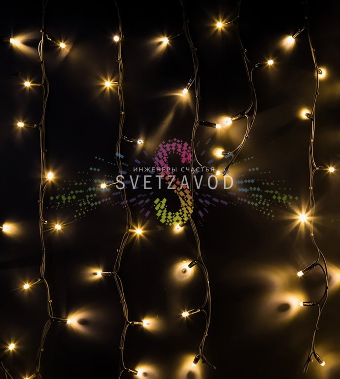 Детальное фото светодиодной бахромы Айсикл 6 метров длиной с подвесками до 1.5м, черный каучуковый провод, степень защиты IP67, теплые белые светодиоды.