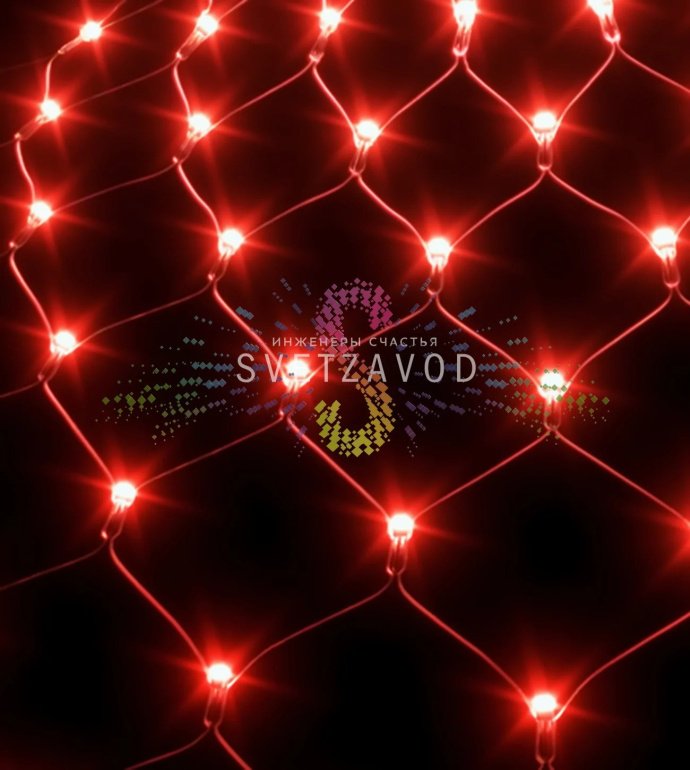 Детальное фото светодиодной сетки Rich Led 2х3м, 384 красных светодиода, прозрачный ПВХ провод, степень защиты IP54.