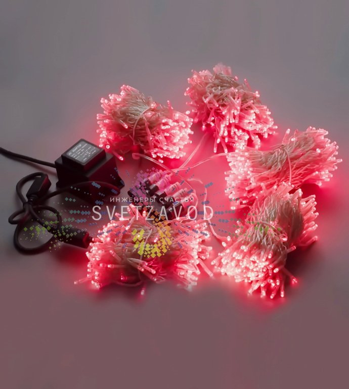 Детальное фото комплекта Клип Лайт Спайдер: 5 прозрачных нитей по 20 метров с красными светодиодами, блок питания 220/24В, упаковка. Видны диоды на расстоянии 10 см.