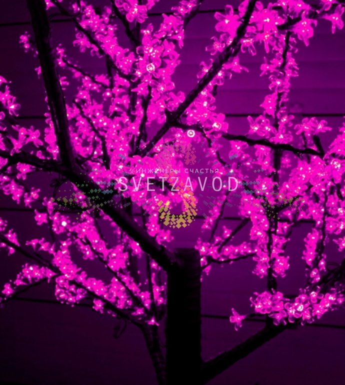 Детальное фото светодиодного дерева Сакура: коричневый ствол, ветви с розовыми светодиодами, используется для уличного и интерьерного декора.