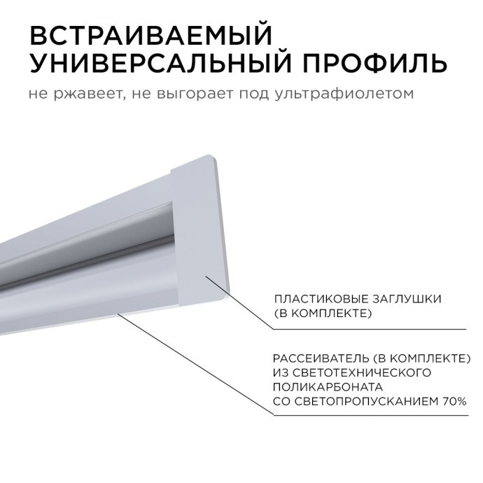 Встраиваемый алюминиевый профиль для светодиодной ленты 23.5х9 мм, серебряный, с матовым рассеивателем, заглушками, 2 м