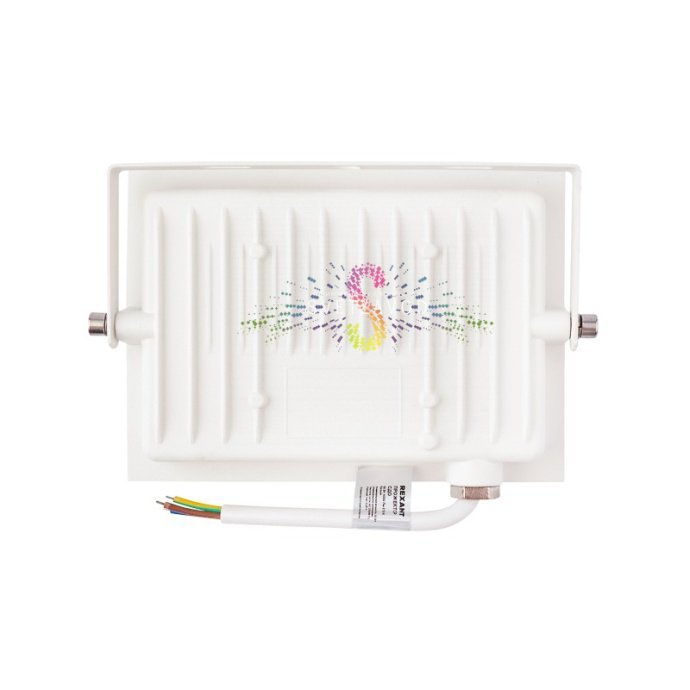 Детальное изображение светодиодного прожектора REXANT 50Вт в белом алюминиевом корпусе со стеклянным рассеивателем, демонстрирующее крепление и габариты 14.5х13х3.3 см.