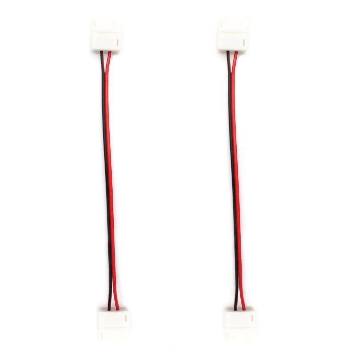 Детальное фото комплекта коннекторов Apeyron Electrics: две клипсы с проводами для соединения одноцветной светодиодной ленты 12В без пайки, длина провода 12 см