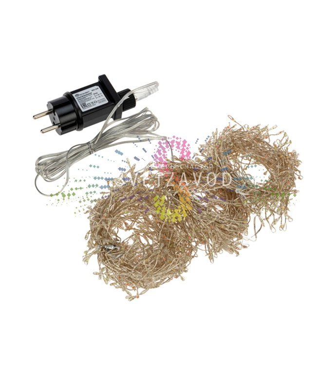 Детальное фото гирлянды роса Фейерверк (Neon-Night, SGR-041): 20 метров прозрачного провода с 1000 разноцветными светодиодами, блок питания в комплекте.