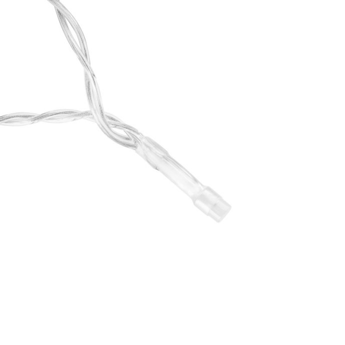 Детальное фото умной гирлянды Дождь Neon-Night: видны прозрачные провода, 180 RGB светодиодов, блок питания и шнур подключения.