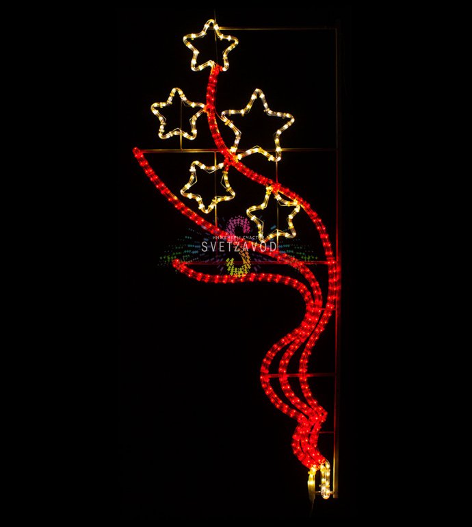 Детальное фото светодиодной консоли "Звезды Победы" для уличного монтажа. Видны металлический каркас, светодиодные модули, красные звезды и белое пламя. Размеры 150х60 см.