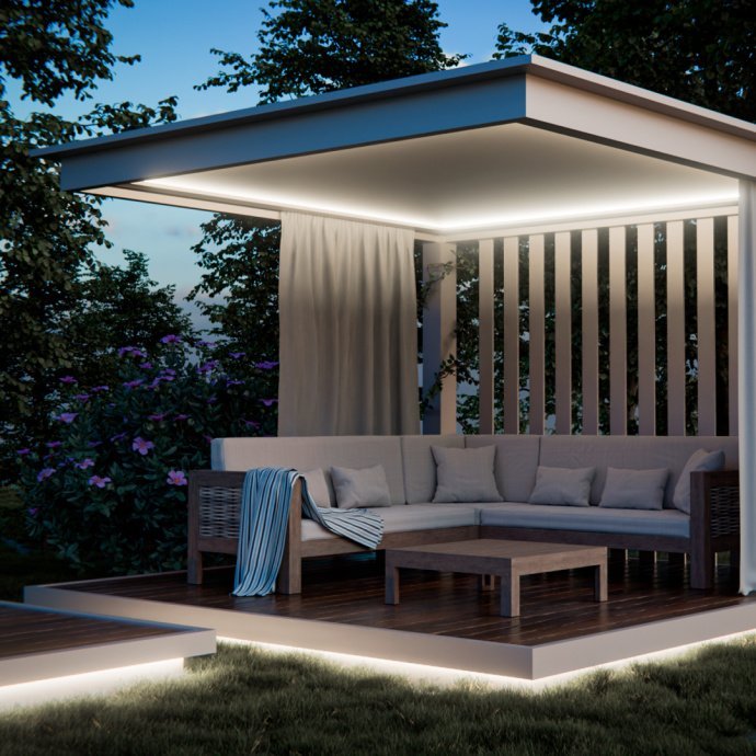Детальный вид гибкой силиконовой светодиодной ленты COB 24В 4000K с IP67, 528 LED/м, точками реза. Светит нейтральным белым.