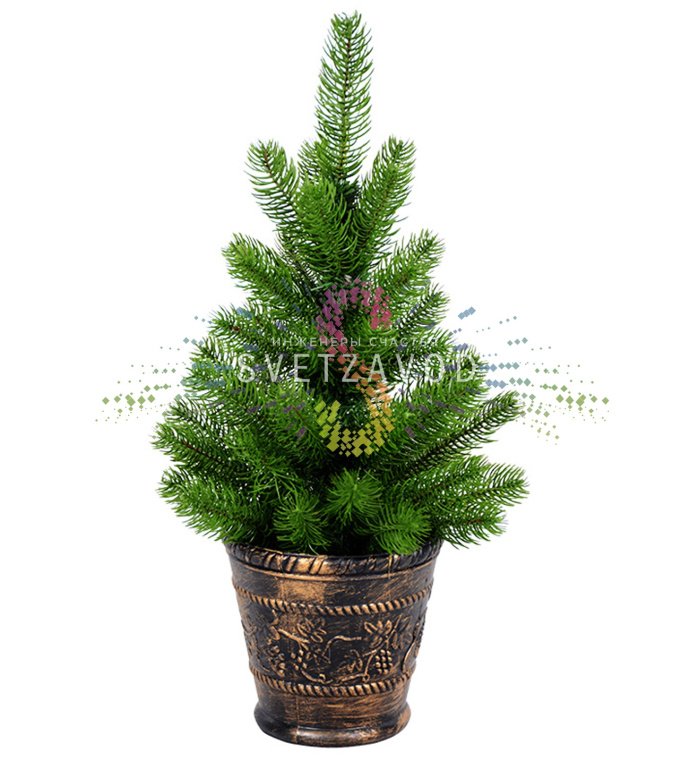 Детальное фото искусственной ели Neon-Night: литые ветки с тщательно проработанной хвоей, пластиковый бронзовый горшок, общий размер 45 см.