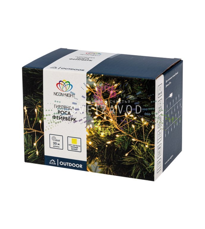Детальное фото гирлянды роса Фейерверк Neon-Night: 20 метров прозрачного провода с 1000 светодиодов теплого белого света, блок питания в комплекте