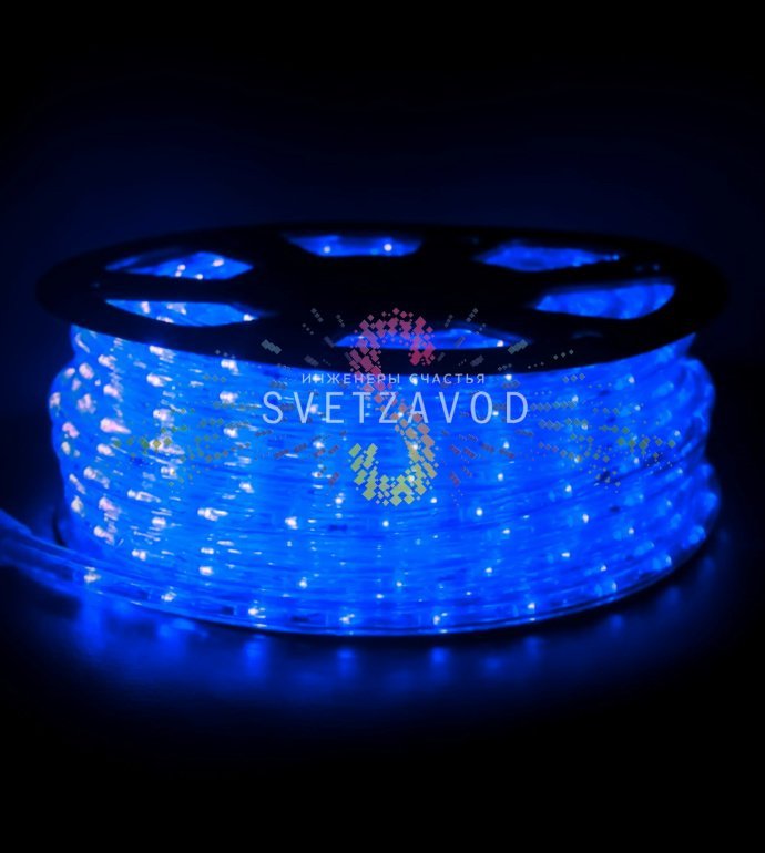 Крупный план синего светодиодного дюралайта Rich Led диаметром 13 мм, демонстрирующий прозрачную оболочку, светодиоды и гибкость шнура.