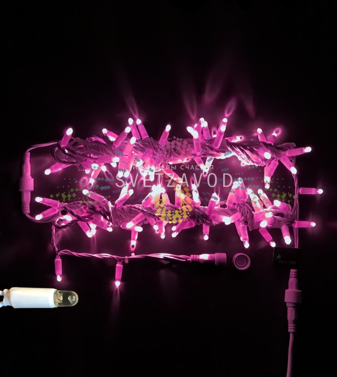 Детальное фото гирлянды-нити Стринг Лайт Rich Led: розовые светодиоды на белом ПВХ проводе, защитные колпачки, длина 10 метров.