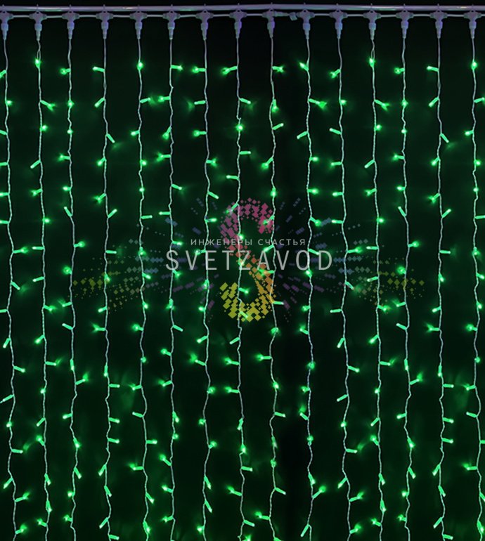 Детальное фото светодиодного занавеса Rich Led Дождь 2х6м: видны зеленые светодиоды DIP, белый ПВХ-кабель, коннекторы для соединения, крепления фиксинг-системы.