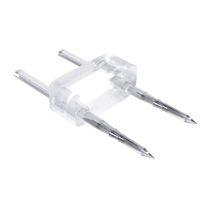 Детальное фото игольчатого коннектора Apeyron Electrics SAP-1125 для одноцветного неона: белый пластик, два игольчатых контакта, вид сверху.