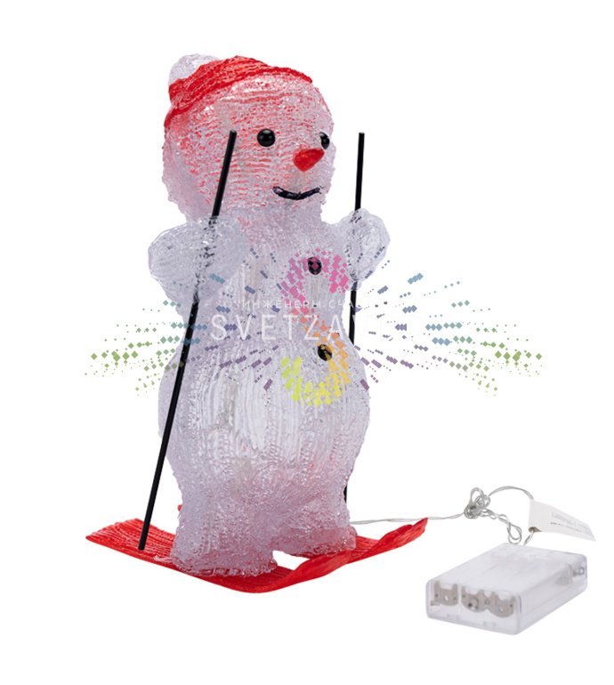 Детальное фото акриловой светодиодной фигуры 3D Снеговик на лыжах от Neon-Night. Видны 30 светодиодов, объемная форма, размеры 16х20х29 см, используется в интерьере. Детальное фото акриловой светодиодной фигуры 3D Снеговик на лыжах от Neon-Night. Видны 30 светодиодов, объемная форма, размеры 16х20х29 см, используется в интерьере.