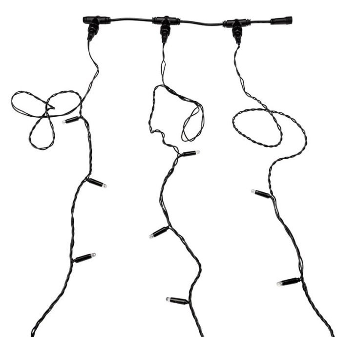 Детальное фото гирлянды Клип Лайт Спайдер: три черные нити с красными светодиодами, контроллер, блок питания 24В, упаковка. Детальное фото гирлянды Клип Лайт Спайдер: три черные нити с красными светодиодами, контроллер, блок питания 24В, упаковка.