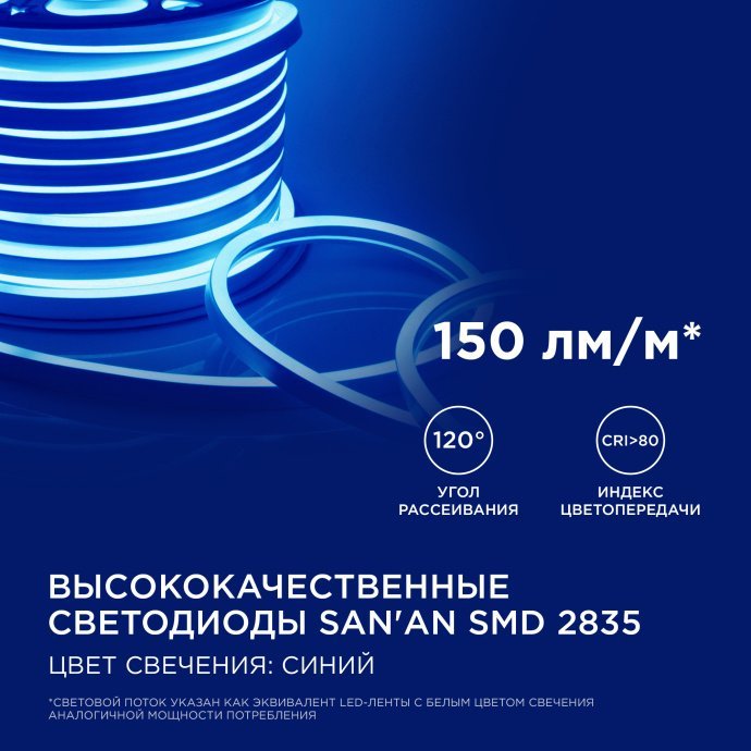 Крупный план: светодиодный неон мини синий 8х16мм, двухслойная плата, белый рассеиватель, подключение 220В.