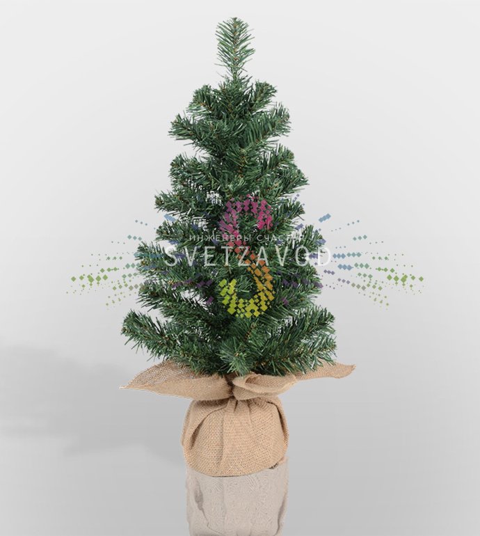 Детальное фото елочки Neon-Night: зеленая хвоя из ПВХ, плетеный текстильный мешочек, устойчивая подставка, компактный размер 60 см.