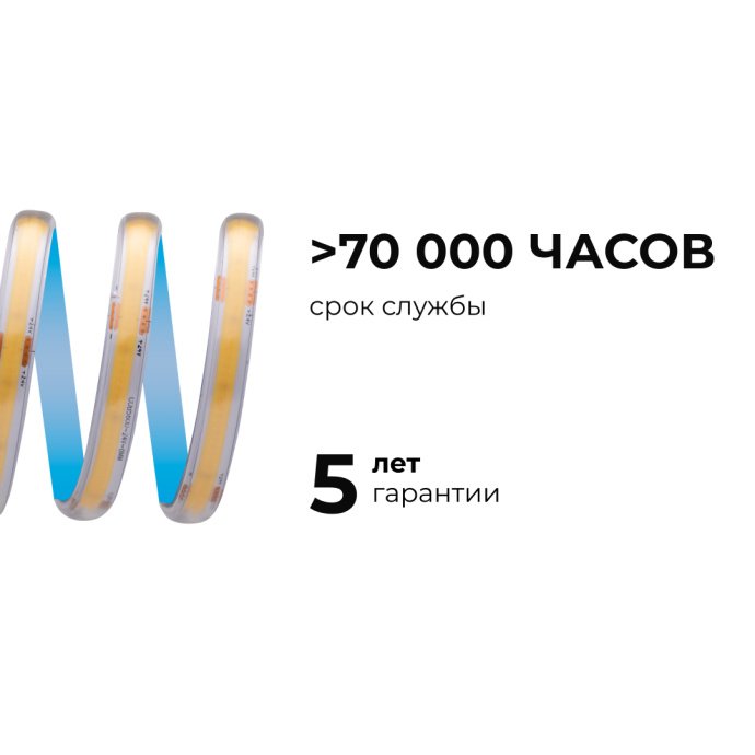 Светодиодная COB лента 24В 15Вт/м 560д/м IP65 холодный белый 5м, с проводами для подключения, двухслойная медная подложка 8мм
