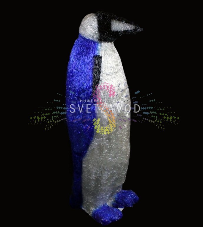 Детальное фото акриловой 3D фигуры Королевский пингвин с 1296 светодиодами. Видны металлический каркас, крепежные отверстия и блок питания 24В.