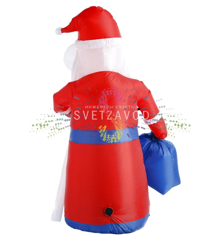 Детальное фото надувной фигуры 3D Дед Мороз 180 см с посохом, компрессором и адаптером. Видны светодиодная подсветка и крепления.