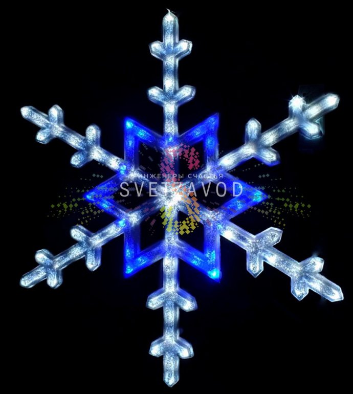 Детальное фото светодиодной снежинки для улицы. Видны синие и белые светодиоды, металлический каркас, крепежное ушко и защищенный кабель. Размер 97х97 см.