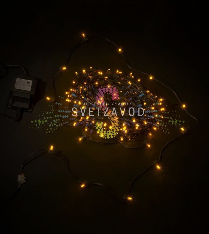 Крупный план светодиодной гирлянды Клип Лайт 12В, желтые светодиоды DIP на темно-зеленом ПВХ-проводе, упаковка и блок питания в коробке.