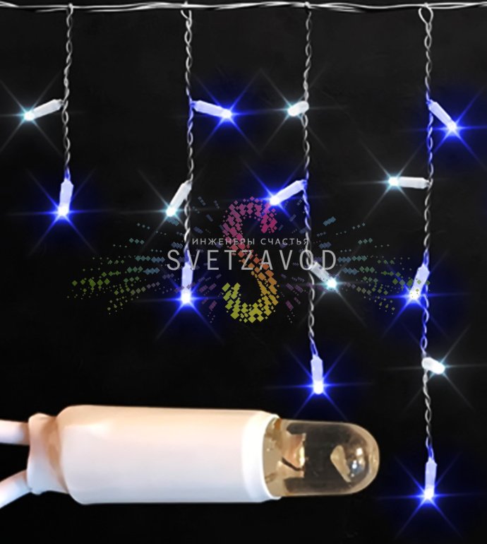Детальное фото светодиодной бахромы Айсикл Rich Led: горизонтальный кабель 3м с вертикальными подвесками 0.5м, прозрачная ПВХ оплетка, синие и белые светодиоды, коннекторы для соединения.