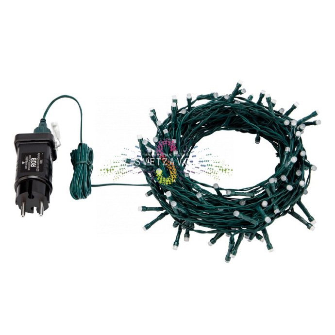 Детальное фото умной Wi-Fi гирлянды Твинкл Лайт длиной 18 метров с зеленым ПВХ проводом и 120 RGB светодиодами, демонстрирующее упаковку и блок питания.