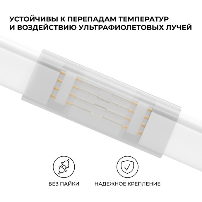 Детальное фото прозрачного коннектора для гибкого неона RGB 220В с контактами для соединения без пайки
