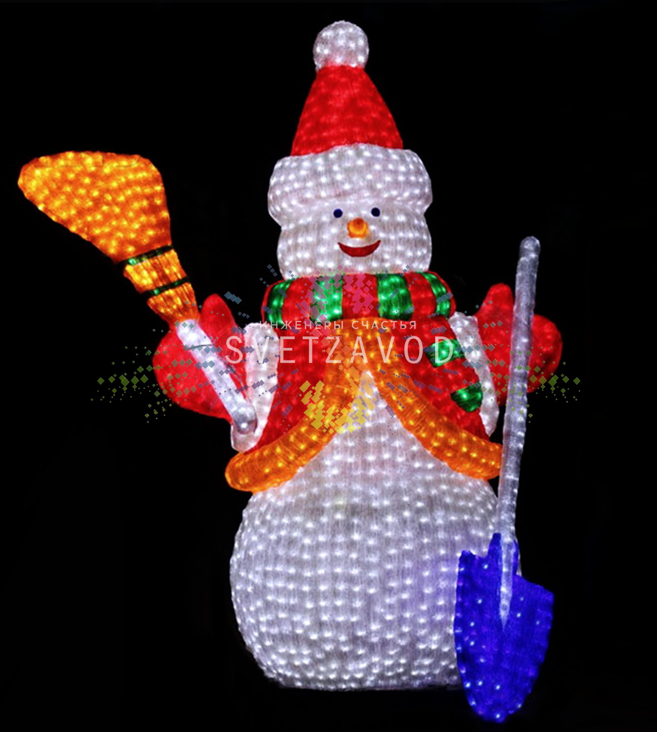 Акриловая фигура 3D Снеговик с лопатой и метлой, 170 см, 2664 LED, 24В, с трансформатором