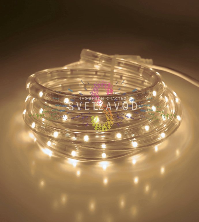 Крупный план светодиодного дюралайта: прозрачная трубка с SMD3528 диодами, теплый белый свет, видна маркировка 220В.