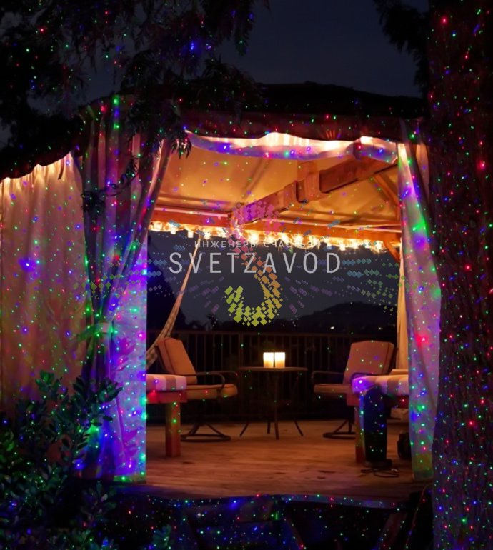 Лазерная подсветка Garden X-33 Premium на грунтовом основании, проекция лазеров на фасад здания, комплектация: пульт ДУ, блок питания, Bluetooth-колонка