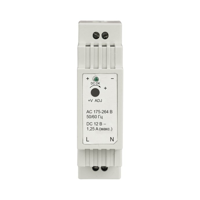 Блок питания 12В 15Вт на DIN рейку Apeyron Electrics, белый пластик, размер 25х93х56мм, клеммы вход/выход, IP20, снято для каталога.