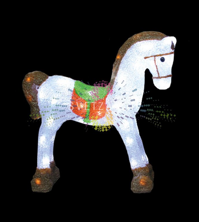 Детальное фото акриловой 3D фигуры Лошадка с 60 светодиодами, металлическим каркасом и блоком питания. Видны габариты 38х13х38 см.