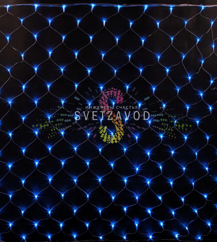 Детальное фото светодиодной сетки Rich Led 2х3 метра, 384 синих светодиода DIP, прозрачный ПВХ провод, степень защиты IP54 для улицы.