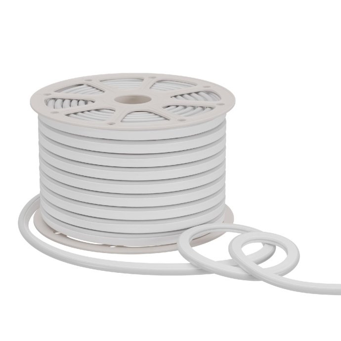 Крупный план неона RGB: матовый рассеиватель 10х18 мм, SMD 5050, 80 LED/м, провод. IP65, рез 1м, для улицы.