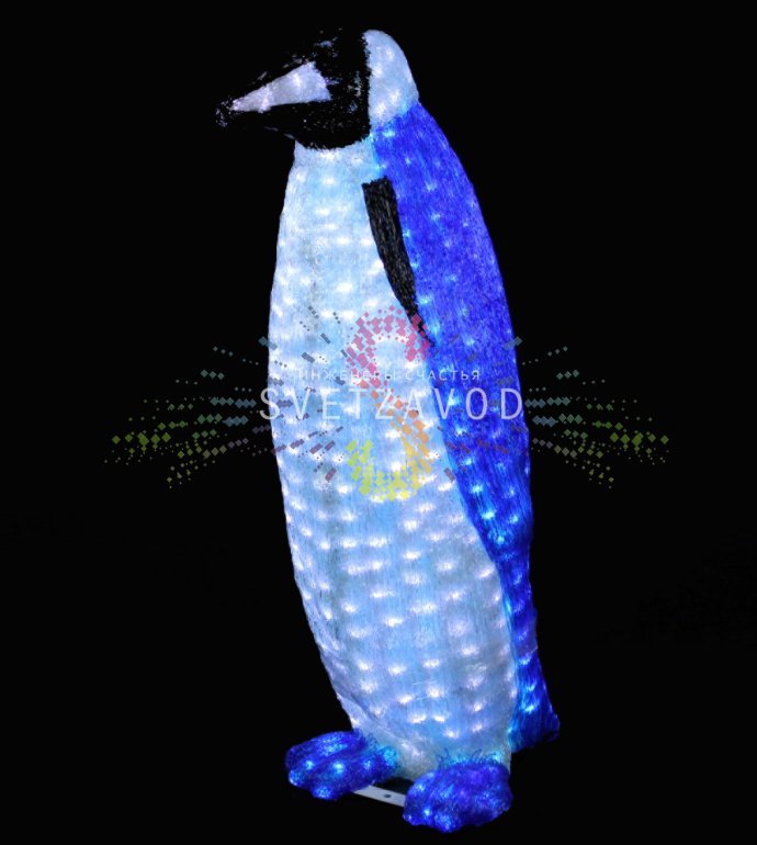 Детальное фото акриловой 3D фигуры Королевский пингвин с 1296 светодиодами. Видны металлический каркас, крепежные отверстия и блок питания 24В.