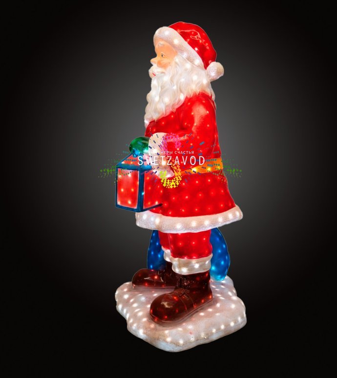 Детальное фото светодиодной фигуры Дед Мороз из стекловолокна с мешком подарков. Видны светодиоды, конструкция и блок питания 24В.