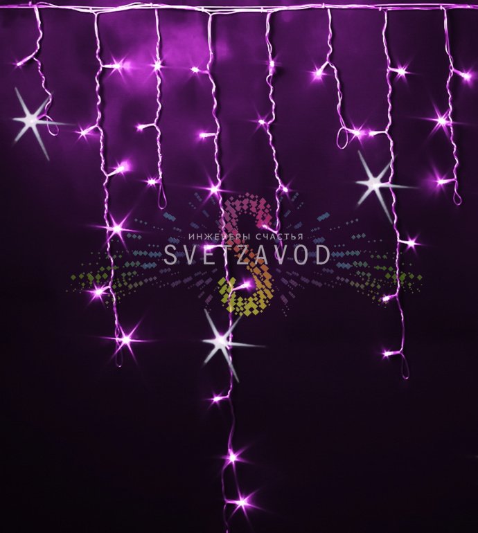 Детальное фото светодиодной бахромы Айсикл Rich Led: горизонтальный кабель 3 метра с вертикальными нитями разной длины, розовые светодиоды, прозрачная изоляция, коннекторы для соединения.